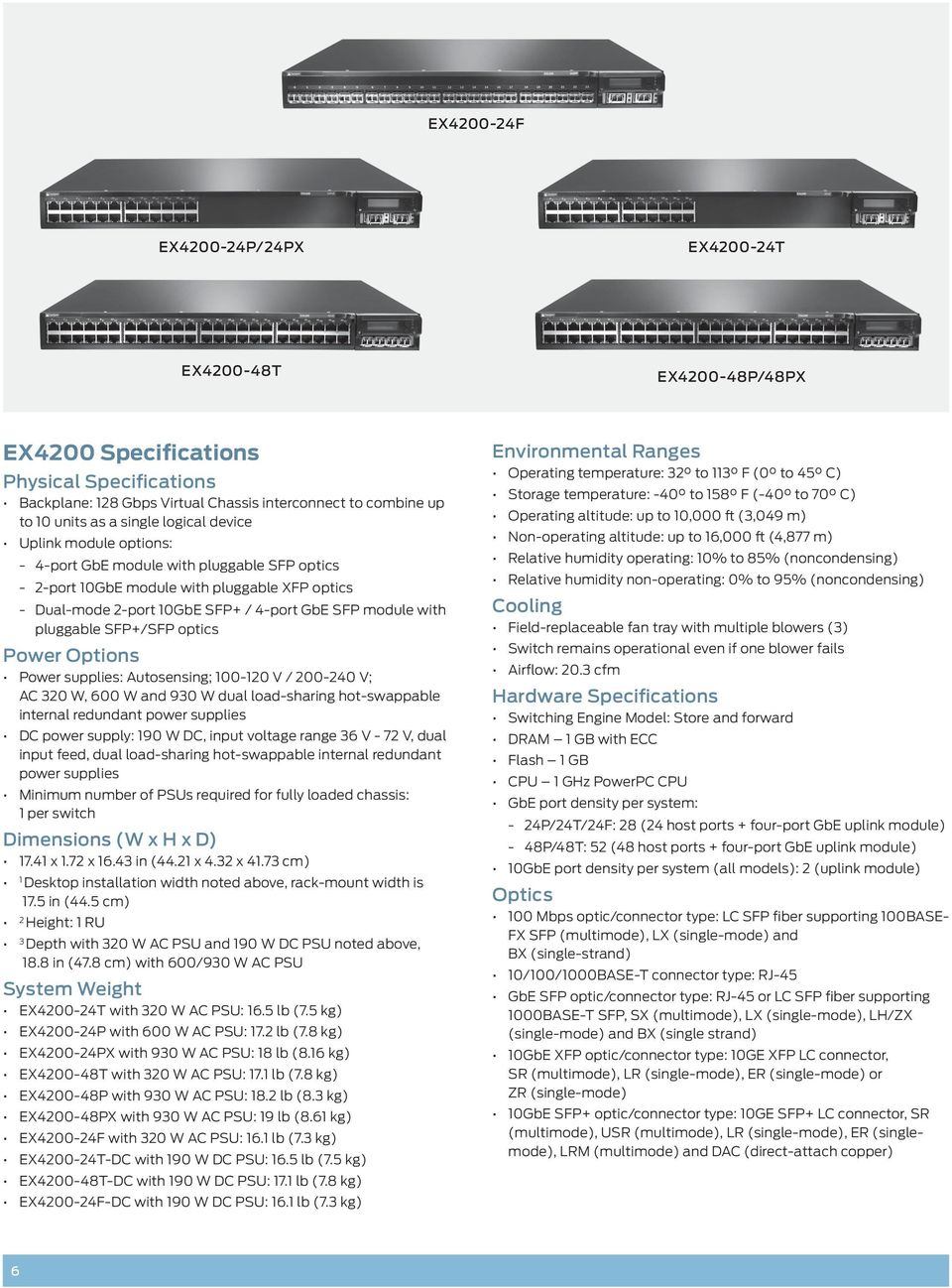 pluggable SFP+/SFP optics Power Options Power supplies: Autosensing; 100-120 V / 200-240 V; AC 320 W, 600 W and 930 W dual load-sharing hot-swappable internal redundant power supplies DC power