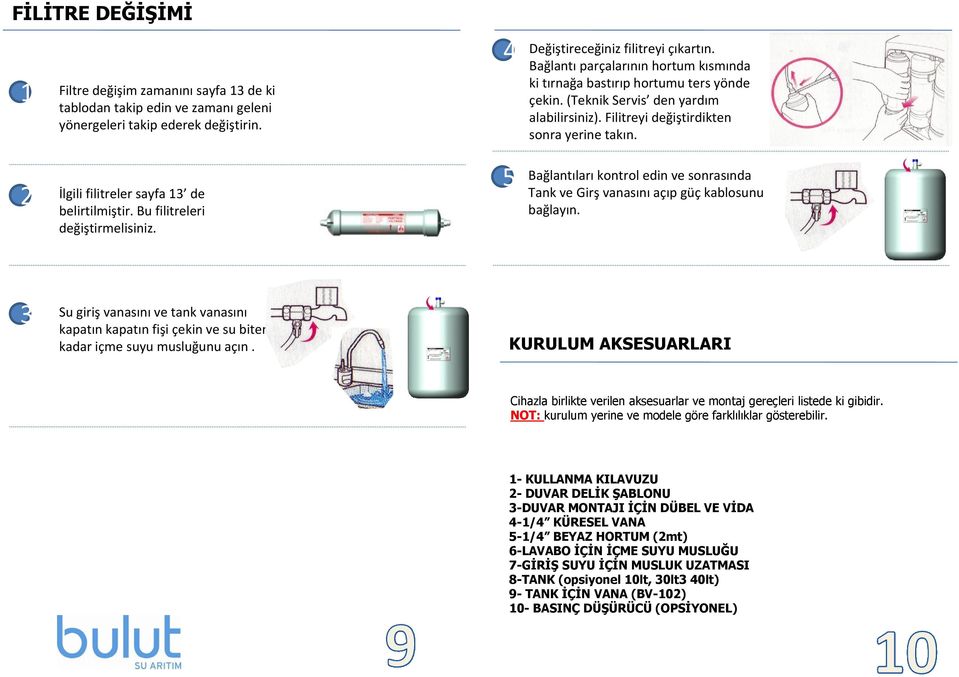 2 İlgili filitreler sayfa 13 de belirtilmiştir. Bu filitreleri değiştirmelisiniz. 5 Bağlantıları kontrol edin ve sonrasında Tank ve Girş vanasını açıp güç kablosunu bağlayın.