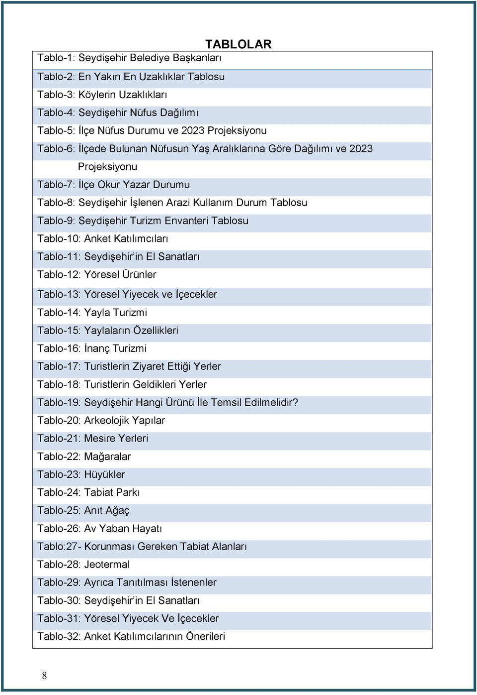 Seydişehir Turizm Envanteri Tablosu Tablo-10: Anket Katılımcıları Tablo-11: Seydişehir in El Sanatları Tablo-12: Yöresel Ürünler Tablo-13: Yöresel Yiyecek ve İçecekler Tablo-14: Yayla Turizmi