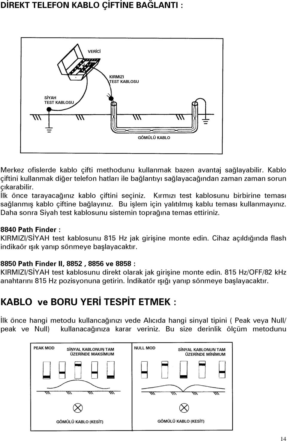 Kırmızı test kablosunu birbirine teması sağlanmış kablo çiftine bağlayınız. Bu işlem için yalıtılmış kablu teması kullanmayınız. Daha sonra Siyah test kablosunu sistemin toprağına temas ettiriniz.