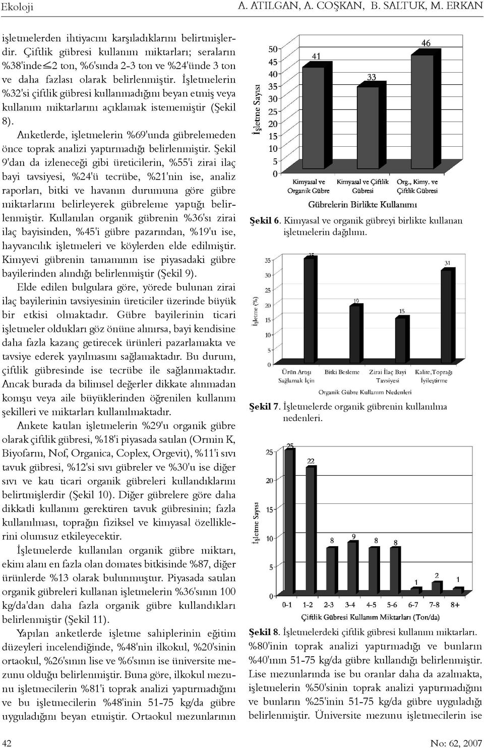 Ýþletmelerin %32'si çiftlik gübresi kullanmadýðýný beyan etmiþ veya kullaným miktarlarýný açýklamak istememiþtir (Þekil 8).