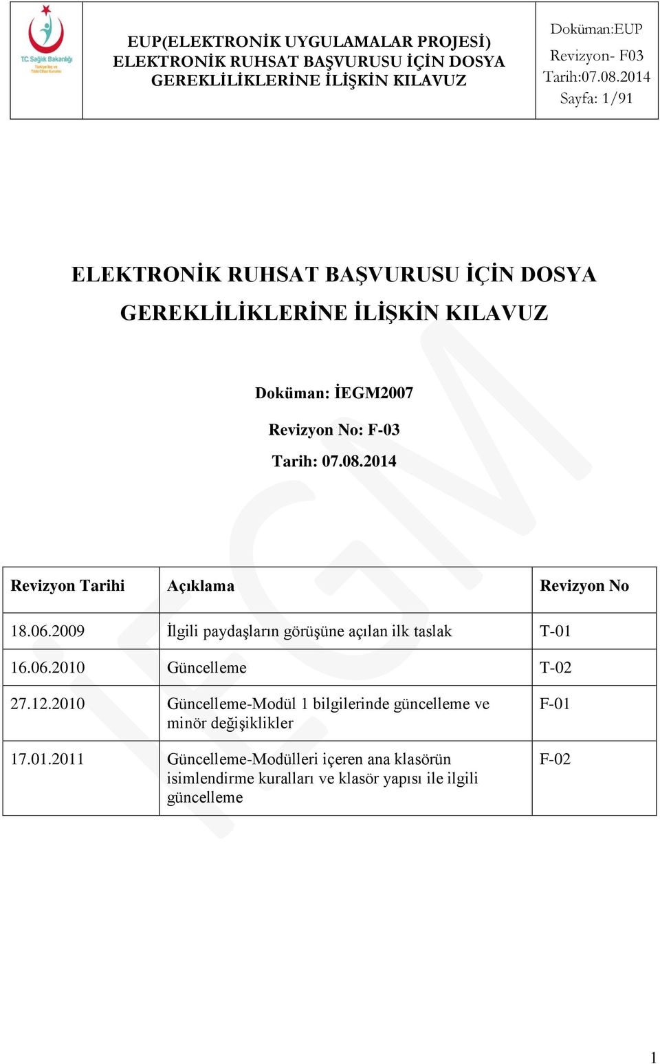 2009 İlgili paydaşların görüşüne açılan ilk taslak T-01 16.06.2010 Güncelleme T-02 27.12.