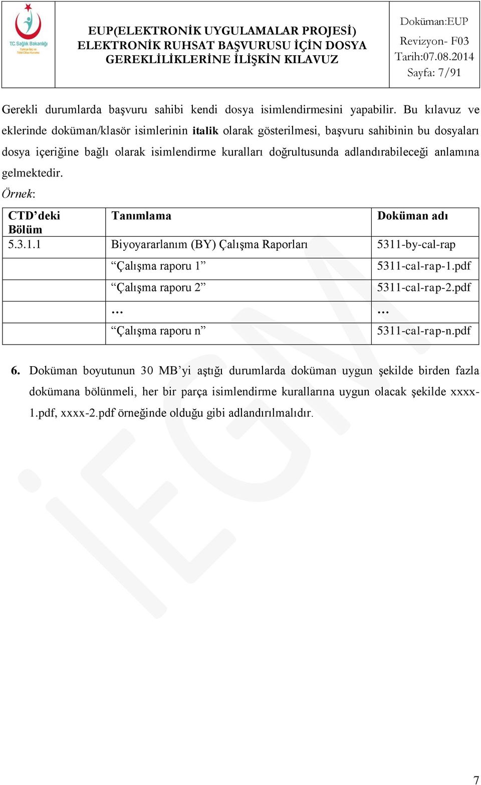 anlamına gelmektedir. Örnek: CTD deki Tanımlama adı Bölüm 5.3.1.1 Biyoyararlanım (BY) Çalışma Raporları 5311-by-cal-rap Çalışma raporu 1 5311-cal-rap-1.pdf Çalışma raporu 2 5311-cal-rap-2.