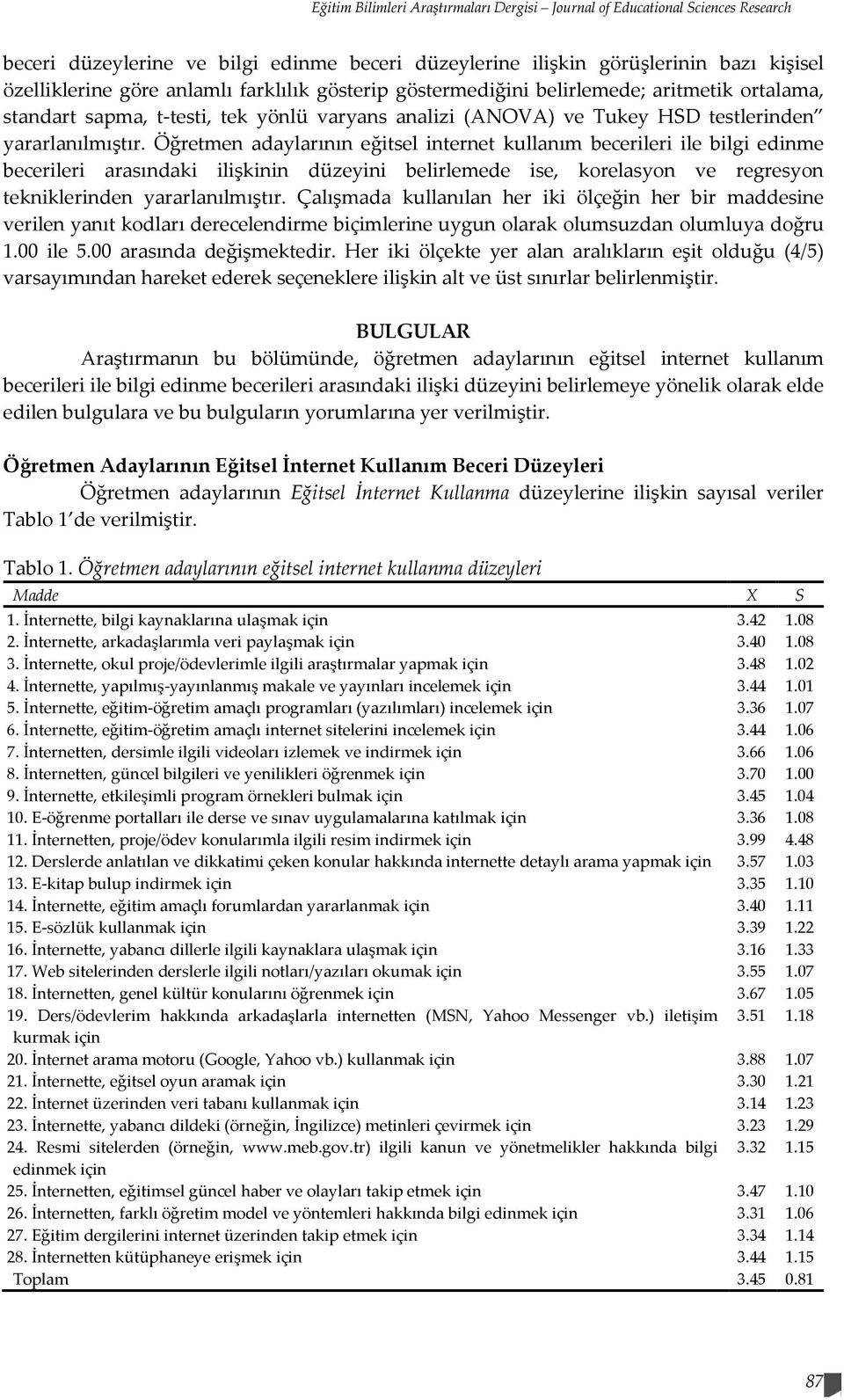 Öğretmen adaylarının eğitsel internet kullanım becerileri ile bilgi edinme becerileri arasındaki ilişkinin düzeyini belirlemede ise, korelasyon ve regresyon tekniklerinden yararlanılmıştır.