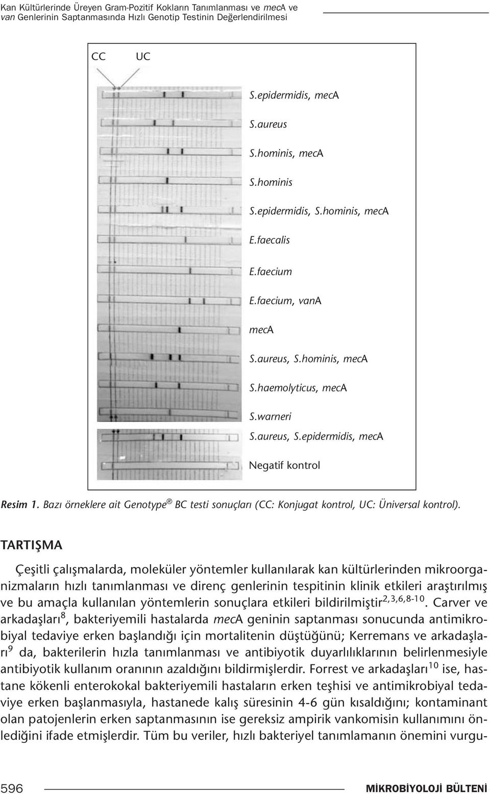Bazı örneklere ait Genotype BC testi sonuçları (CC: Konjugat kontrol, UC: Üniversal kontrol).