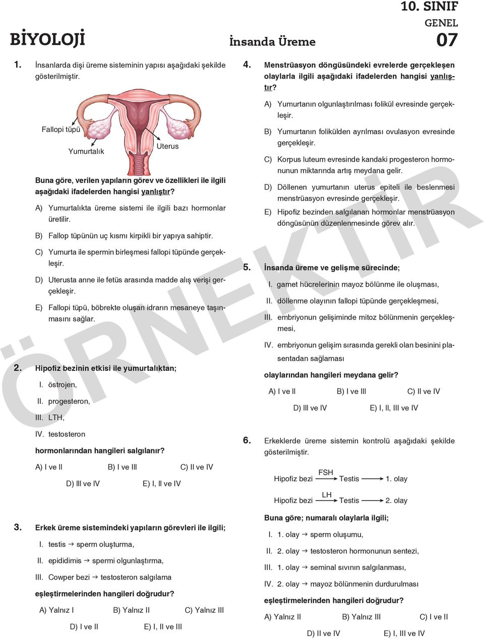 Fallopi tüpü Buna göre, verilen yapıların görev ve özellikleri ile ilgili aşağıdaki ifadelerden hangisi yanlıştır? A) Yumurtalıkta üreme sistemi ile ilgili bazı hormonlar üretilir.