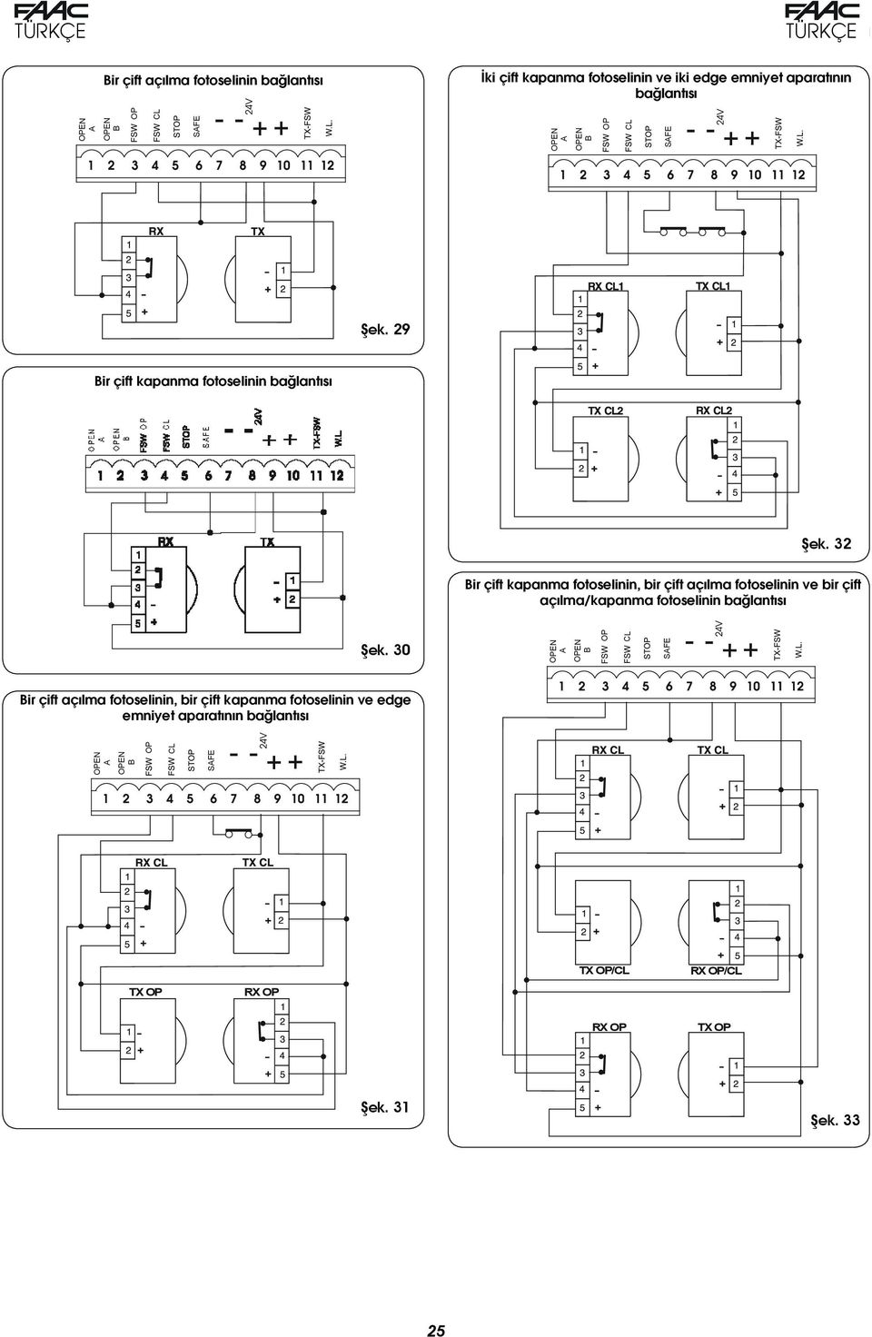 32 Bir çift kapanma fotoselinin, bir çift açılma fotoselinin ve bir çift açılma/kapanma fotoselinin bağlantısı Şek.