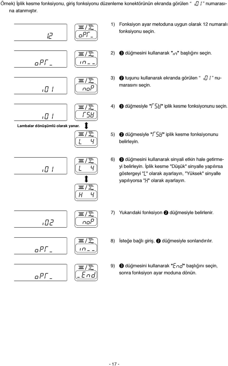 5) düğmesiyle " " iplik kesme fonksiyonunu belirleyin. 6) 3 düğmesini kullanarak sinyali etkin hale getirmeyi belirleyin.