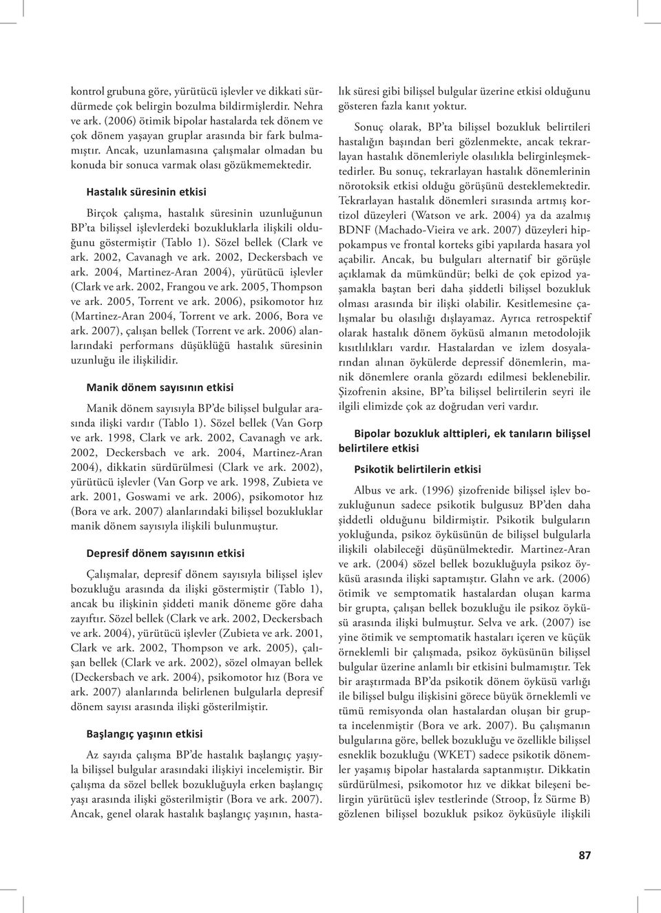 Hastalık süresinin etkisi Birçok çalışma, hastalık süresinin uzunluğunun BP ta bilişsel işlevlerdeki bozukluklarla ilişkili olduğunu göstermiştir (Tablo 1). Sözel bellek (Clark ve ark.