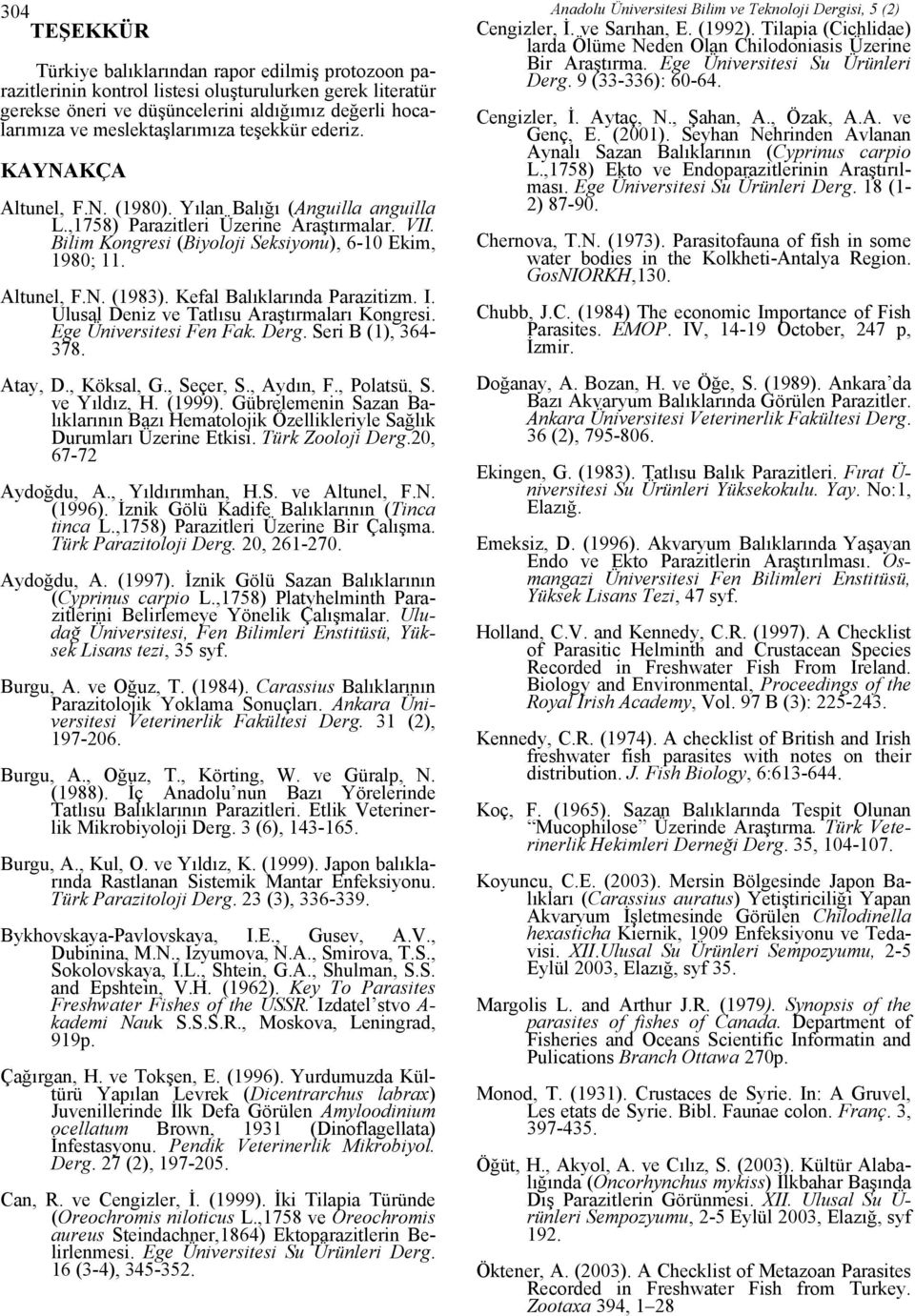 Bilim Kongresi (Biyoloji Seksiyonu), 6-10 Ekim, 1980; 11. Altunel, F.N. (1983). Kefal Balıklarında Parazitizm. I. Ulusal Deniz ve Tatlısu Araştırmaları Kongresi. Ege Üniversitesi Fen Fak. Derg.