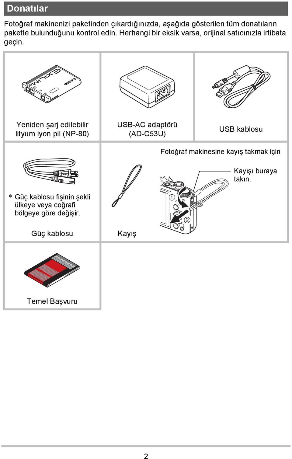 Yeniden şarj edilebilir lityum iyon pil (NP-80) USB-AC adaptörü (AD-C53U) USB kablosu Fotoğraf makinesine