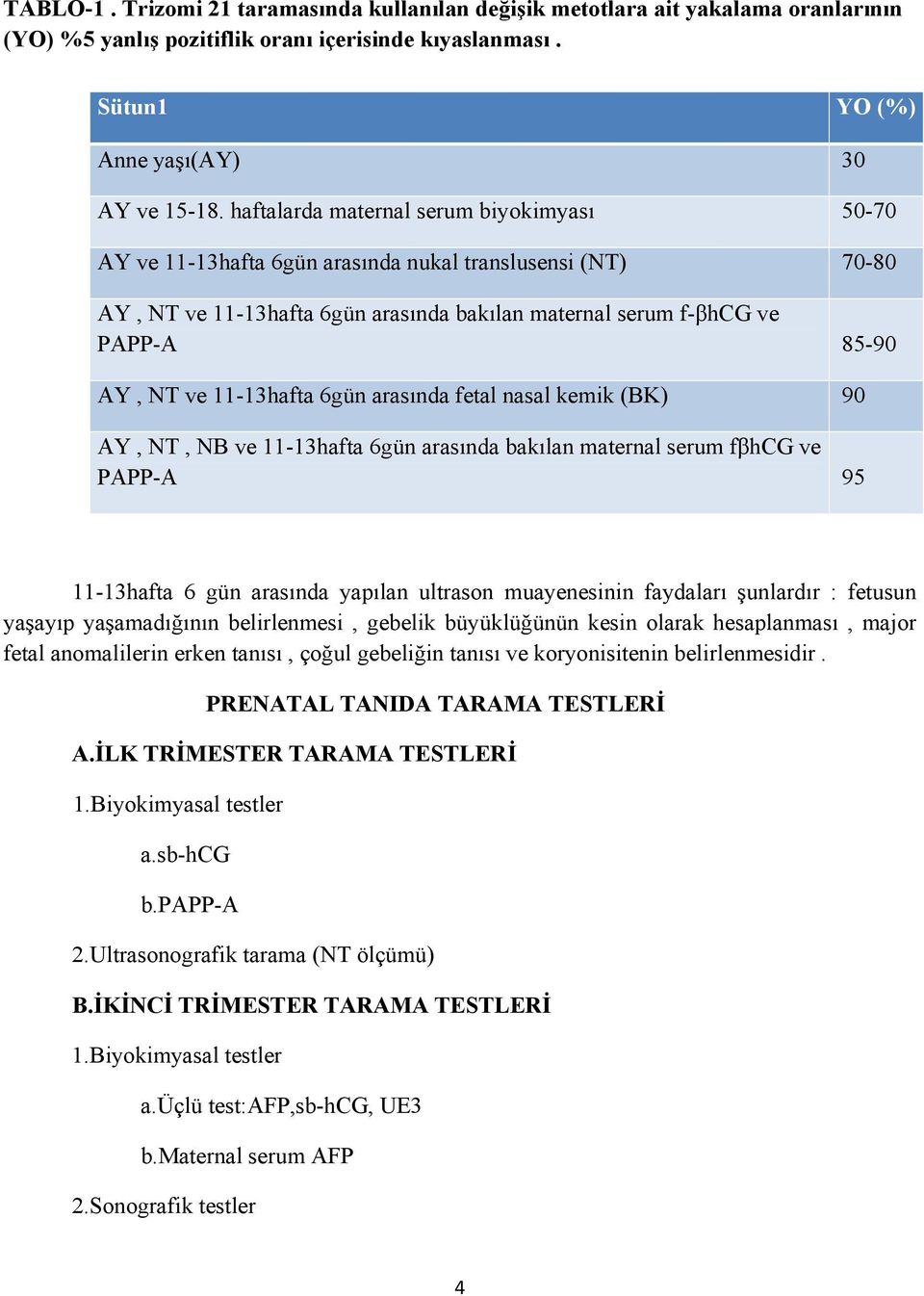 11-13hafta 6gün arasında fetal nasal kemik (BK) 90 AY, NT, NB ve 11-13hafta 6gün arasında bakılan maternal serum fβhcg ve PAPP-A 95 11-13hafta 6 gün arasında yapılan ultrason muayenesinin faydaları