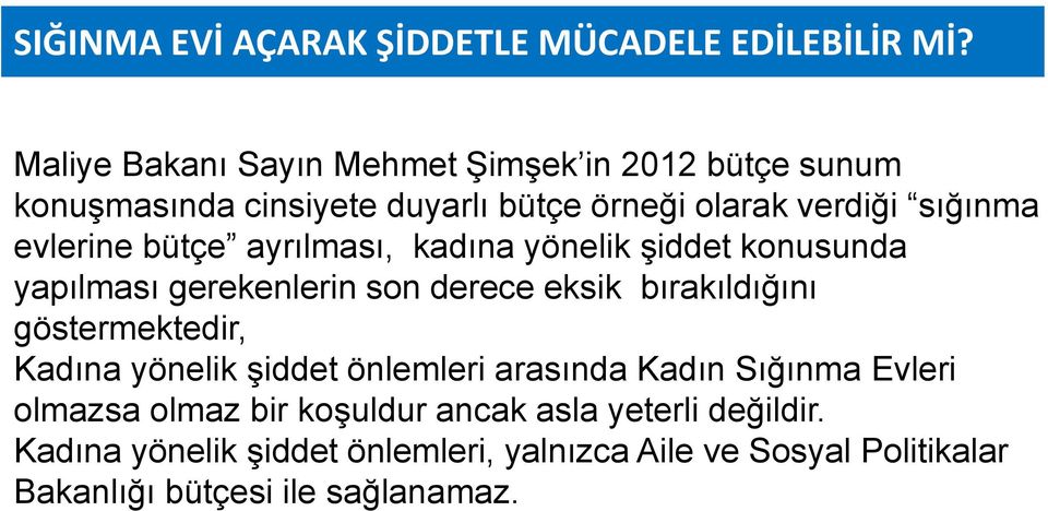 bütçe ayrılması, kadına yönelik şiddet konusunda yapılması gerekenlerin son derece eksik bırakıldığını göstermektedir, Kadına