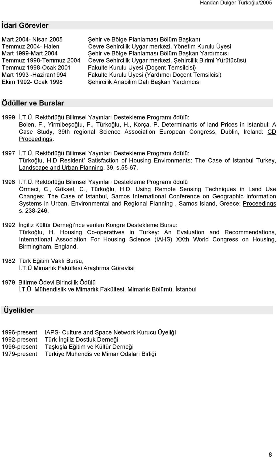 (Doçent Temsilcisi) Fakülte Kurulu Üyesi (Yardımcı Doçent Temsilcisi) Şehircilik Anabilim Dalı Başkan Yardımcısı Ödüller ve Burslar 1999 İ.T.Ü. Rektörlüğü Bilimsel Yayınları Destekleme Programı ödülü: Bolen, F.