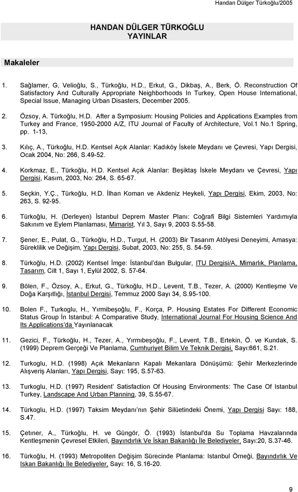 sasters, December 2005. 2. Özsoy, A. Türkoğlu, H.D. After a Symposium: Housing Policies and Applications Examples from Turkey and France, 1950-2000 A/Z, ITU Journal of Faculty of Architecture, Vol.