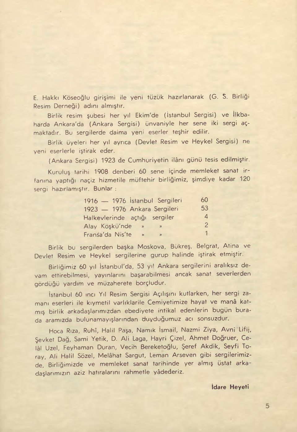 Birlik üyeleri her yıl ayrıca (Devlet Resim ve Heykel Sergisi) ne yeni eserlerle iştirak eder. (Ankara Sergisi) 1923 de Cumhuriyetin ilânı günü tesis edilmiştir.