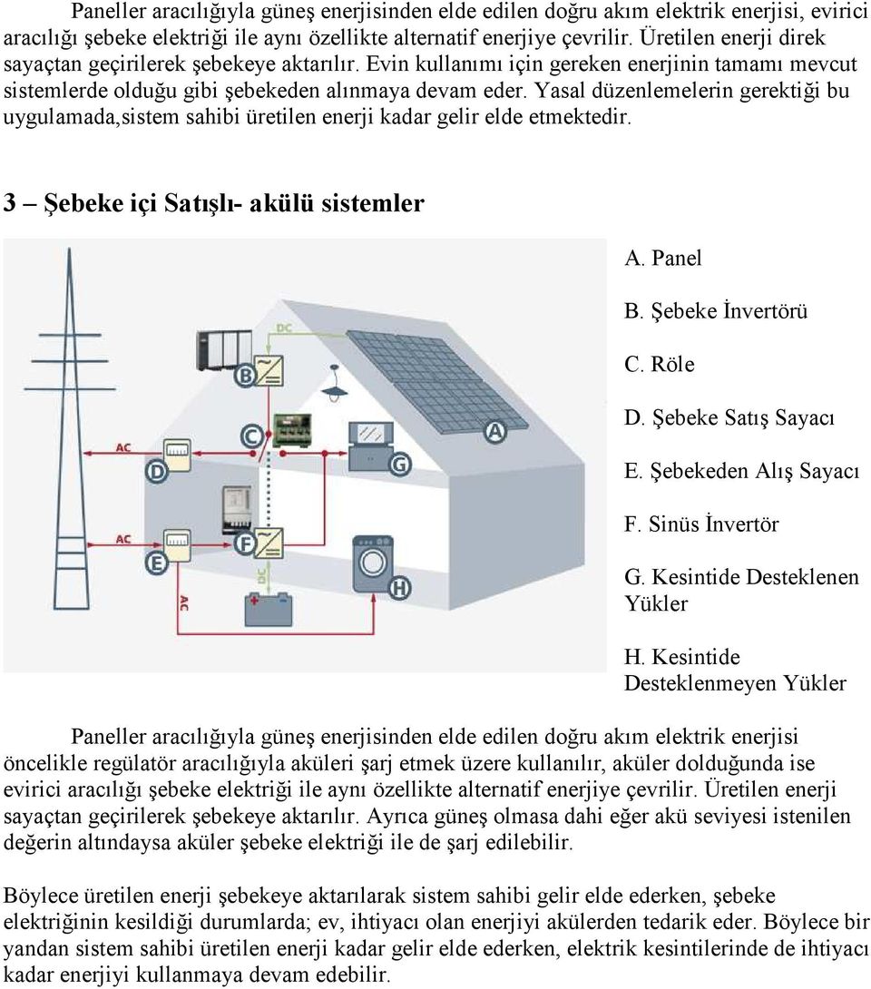 Yasal düzenlemelerin gerektiği bu uygulamada,sistem sahibi üretilen enerji kadar gelir elde etmektedir. 3 Şebeke içi Satışlı- akülü sistemler A. Panel B. Şebeke Đnvertörü C. Röle D.