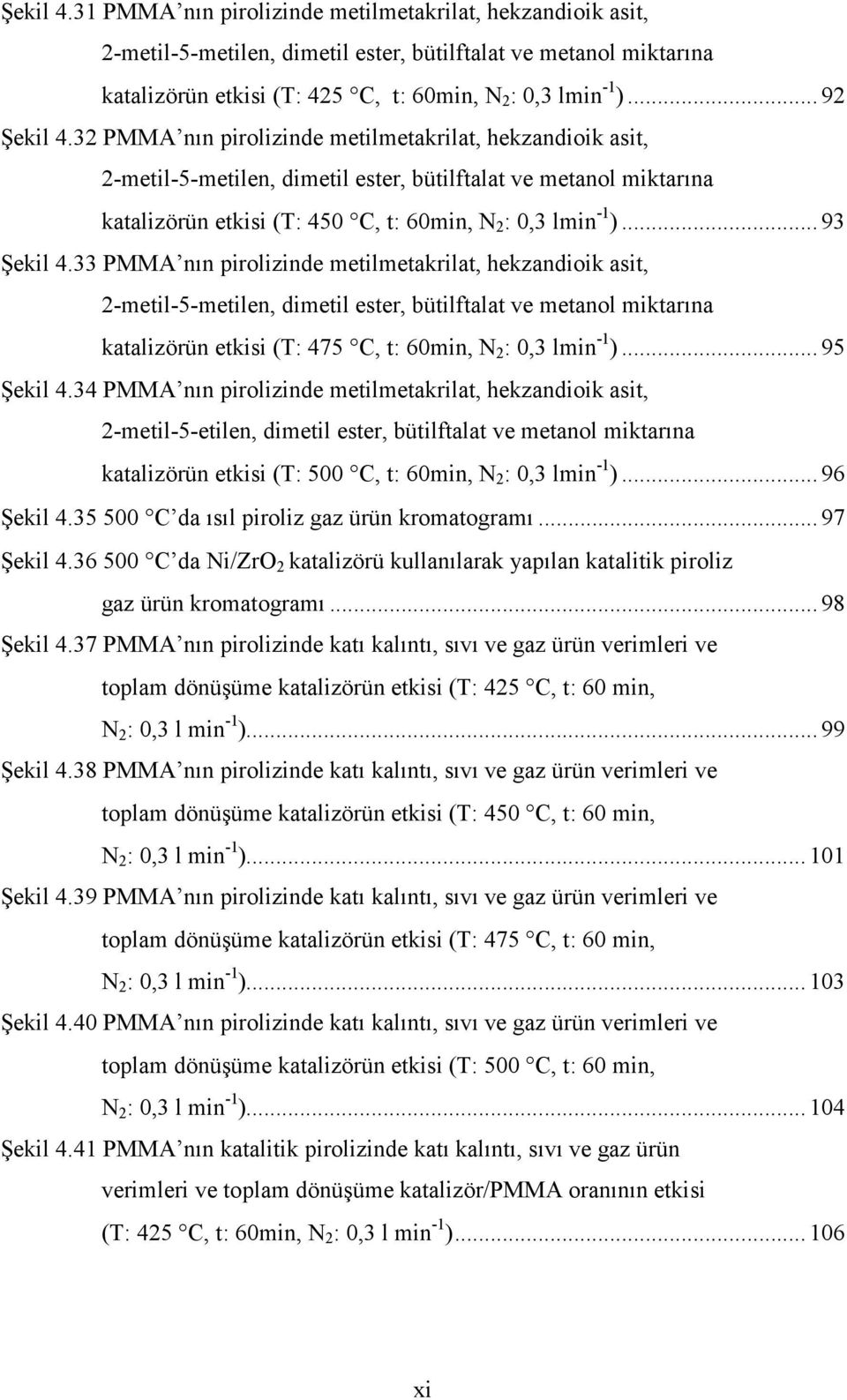 .. 93 Şekil 4.33 PMMA nın pirolizinde metilmetakrilat, hekzandioik asit, 2-metil-5-metilen, dimetil ester, bütilftalat ve metanol miktarına katalizörün etkisi (T: 475 C, t: 60min, N 2 : 0,3 lmin -1 ).