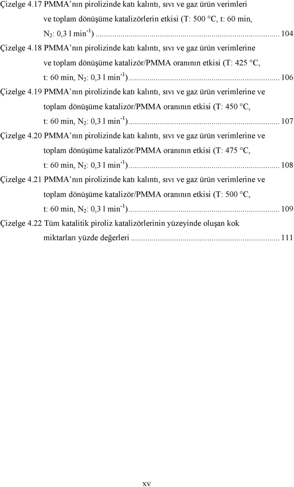 19 PMMA nın pirolizinde katı kalıntı, sıvı ve gaz ürün verimlerine ve toplam dönüşüme katalizör/pmma oranının etkisi (T: 450 C, t: 60 min, N 2 : 0,3 l min -1 )... 107 Çizelge 4.