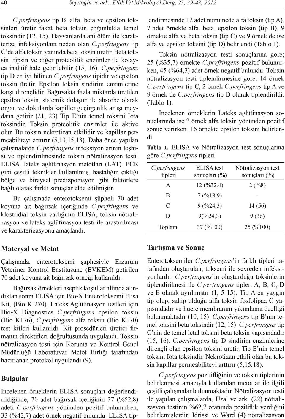 Beta toksin tripsin ve diğer proteolitik enzimler ile kolayca inaktif hale getirilebilir (15, 16). C.perfringens tip D en iyi bilinen C.perfringens tipidir ve epsilon toksin üretir.