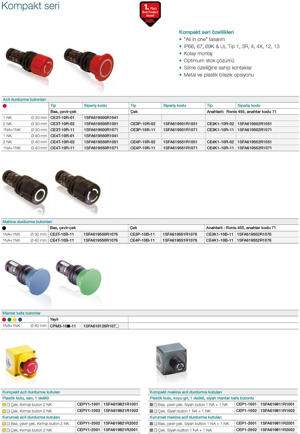 1SFA619500R1051 CE3P-10R-02 1SFA619501R1051 CE3K1-10R-02 1SFA619502R1051 1NA+1NK Ø 30 mm CE3T-10R-11 1SFA619500R1071 CE3P-10R-11 1SFA619501R1071 CE3K1-10R-11 1SFA619502R1071 1 NK Ø 40 mm CE4T-10R-01