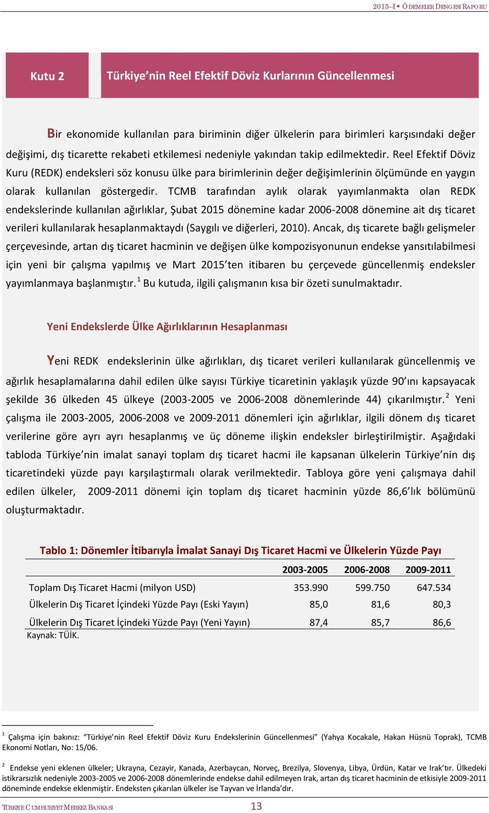 TCMB tarafından aylık olarak yayımlanmakta olan REDK endekslerinde kullanılan ağırlıklar, Şubat 215 dönemine kadar 26-28 dönemine ait dış ticaret verileri kullanılarak hesaplanmaktaydı (Saygılı ve