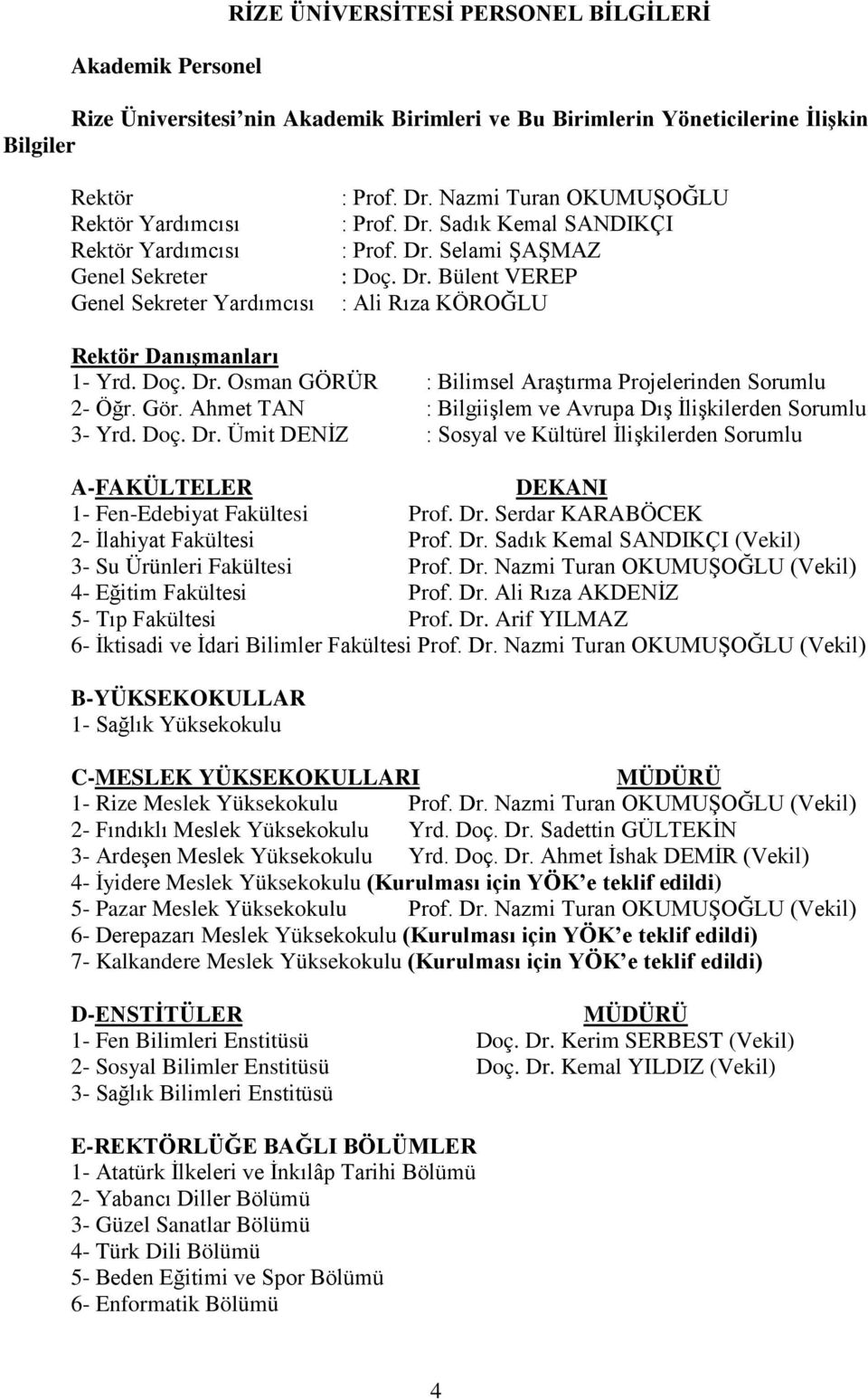 Doç. Dr. Osman GÖRÜR : Bilimsel Araştırma Projelerinden Sorumlu 2- Öğr. Gör. Ahmet TAN : Bilgiişlem ve Avrupa Dış İlişkilerden Sorumlu 3- Yrd. Doç. Dr. Ümit DENİZ : Sosyal ve Kültürel İlişkilerden Sorumlu A-FAKÜLTELER DEKANI 1- Fen-Edebiyat Fakültesi Prof.