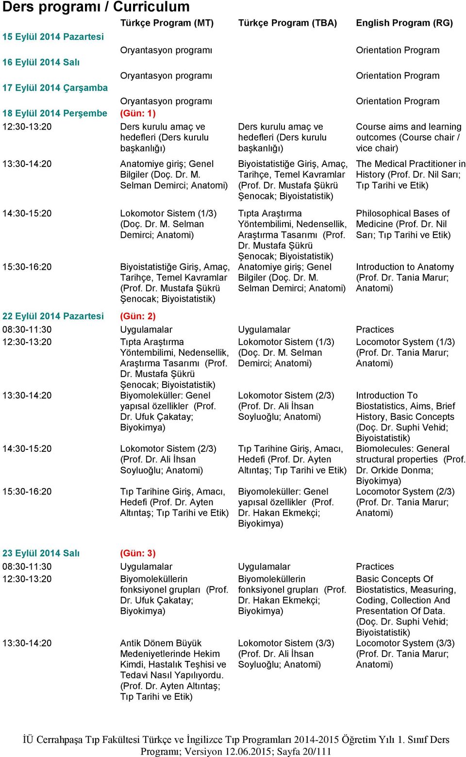 Selman Demirci; Anatomi) 14:30-15:20 Lokomotor Sistem (1/3) (Doç. Dr. M.