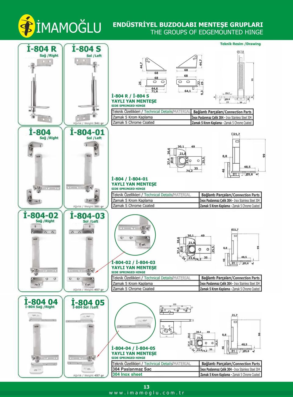 SPRINGED HINGE 20,6 37,4 Ø19 30,1 49 21,8 21,5 35 74,2 25,5 8,8 46 48,5 Ø5,6 4 Bağlantı Parçaları/Connection Parts İnox Paslanmaz Çelik 304 - Inox Stainless Steel 304 Zamak 5 Krom Kaplama - Zamak 5