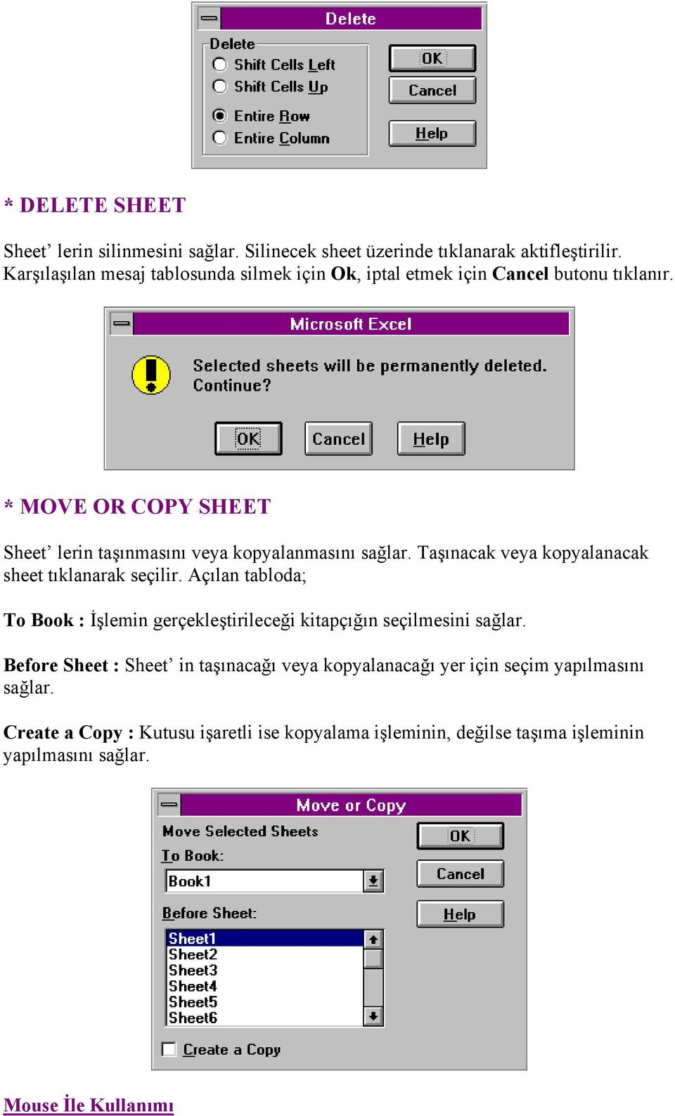 * MOVE OR COPY SHEET Sheet lerin taşınmasını veya kopyalanmasını sağlar. Taşınacak veya kopyalanacak sheet tıklanarak seçilir.