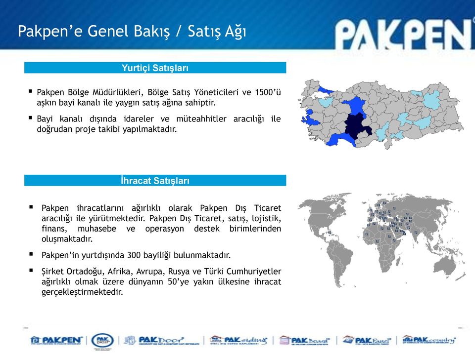 İhracat Satışları Pakpen ihracatlarını ağırlıklı olarak Pakpen Dış Ticaret aracılığı ile yürütmektedir.