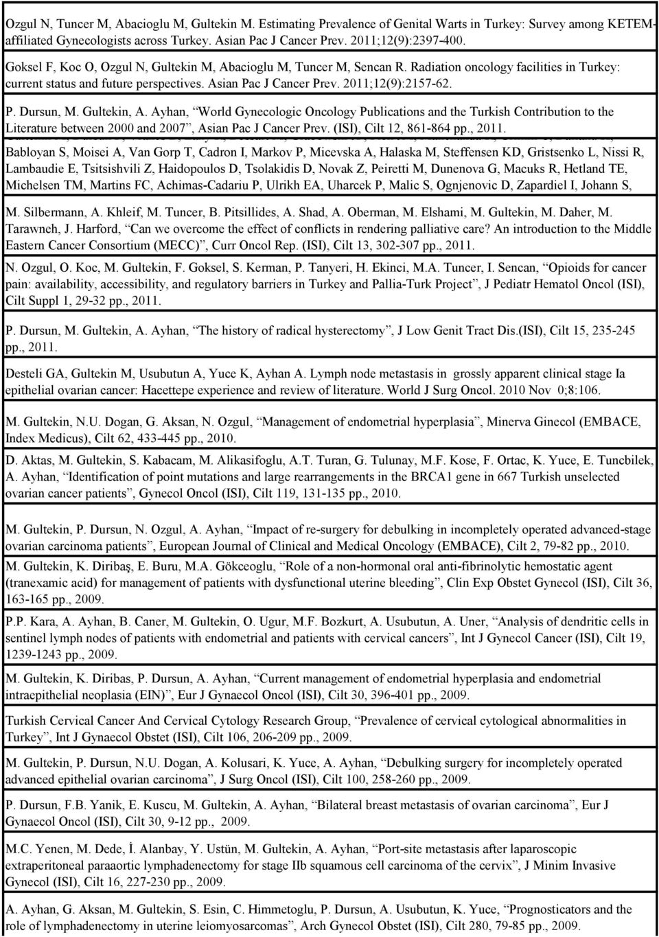 Gultekin, A. Ayhan, World Gynecologic Oncology Publications and the Turkish Contribution to the Literature between 2000 and 2007, Asian Pac J Cancer Prev. (ISI), Cilt 12, 861-864 pp., 2011.