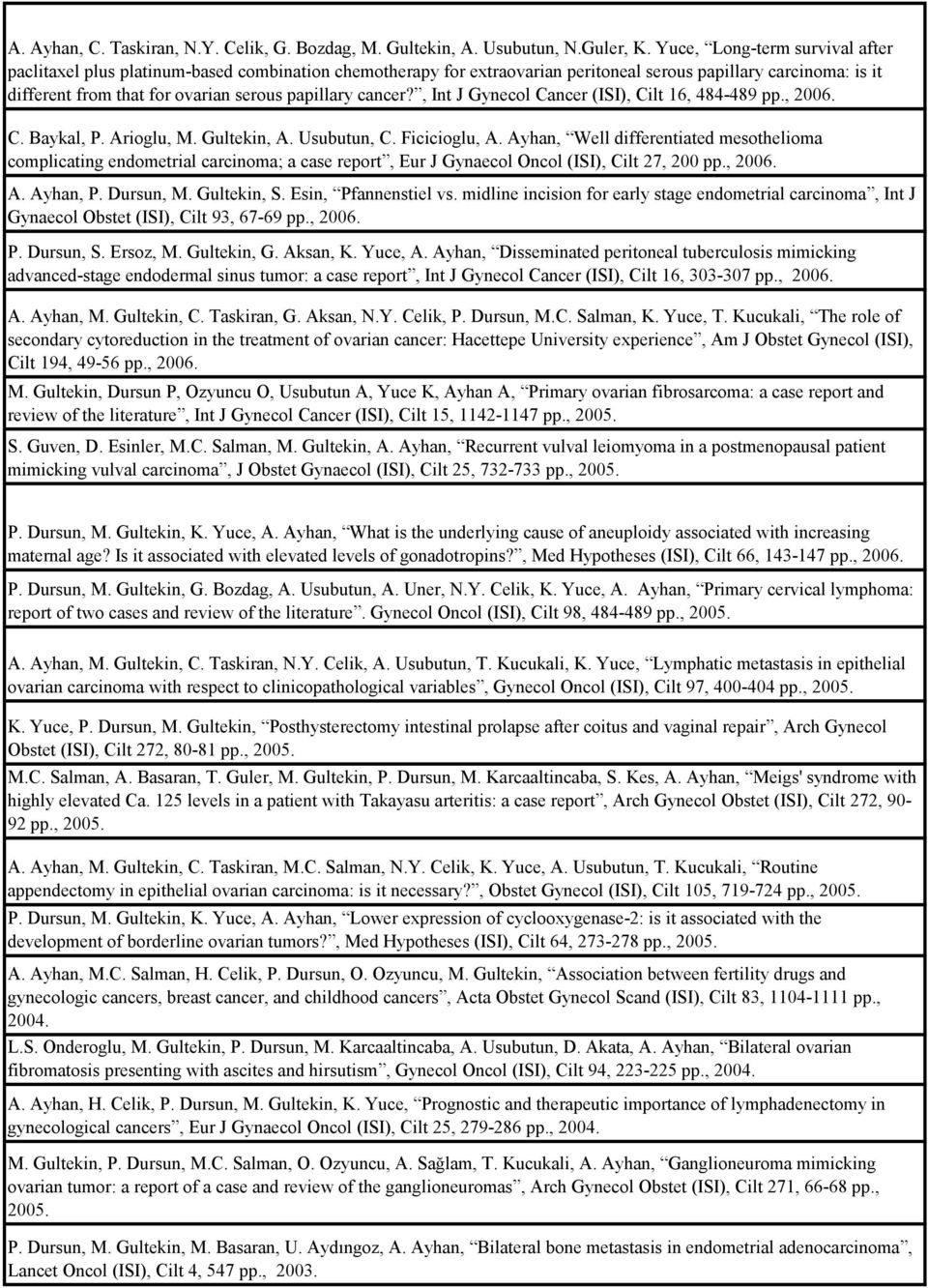 cancer?, Int J Gynecol Cancer (ISI), Cilt 16, 484-489 pp., 2006. C. Baykal, P. Arioglu, M. Gultekin, A. Usubutun, C. Ficicioglu, A.