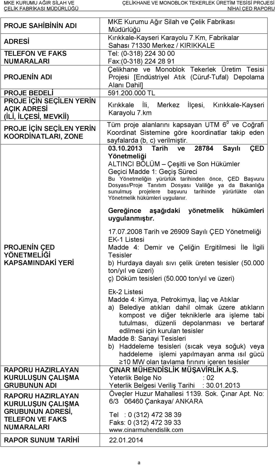 Km, Fabrikalar Sahası 71330 Merkez / KIRIKKALE Tel: (0-318) 224 30 00 Fax:(0-318) 224 28 91 Çelikhane ve Monoblok Tekerlek Üretim Tesisi Projesi [Endüstriyel Atık (Cüruf-Tufal) Depolama Alanı Dahil]