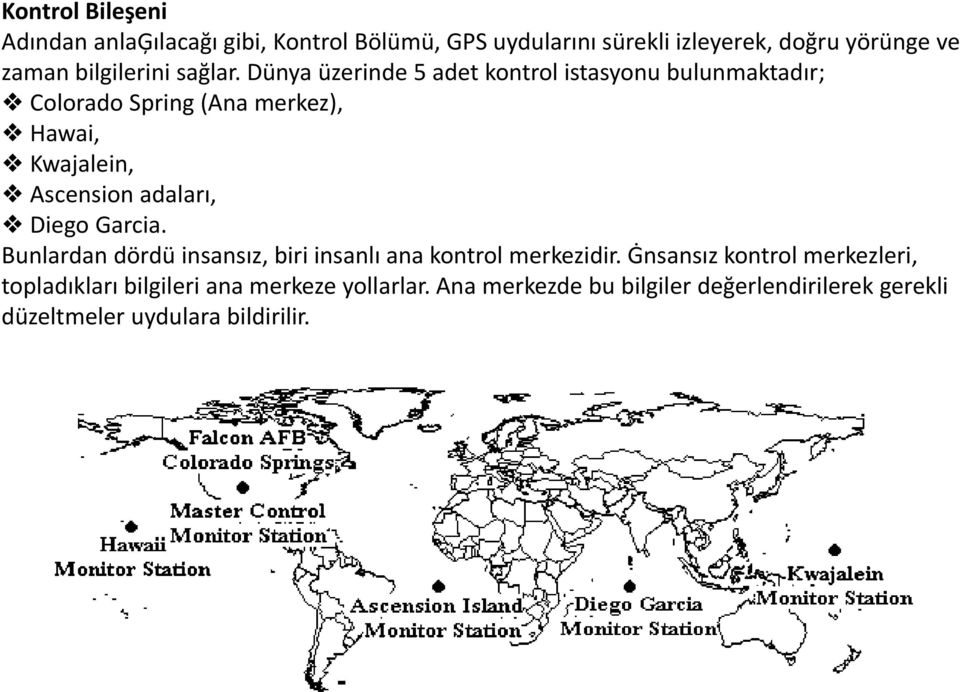 Dünya üzerinde 5 adet kontrol istasyonu bulunmaktadır; Colorado Spring (Ana merkez), Hawai, Kwajalein, Ascension adaları,