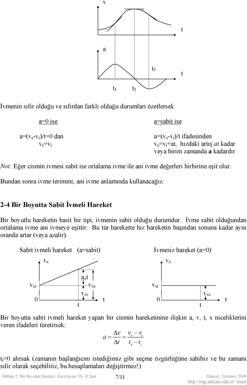 İvme ab olduğundan oralama vme an vmeye eşr. Bu ür harekee hız hareken başından onuna kadar aynı oranda arar (veya azalır).