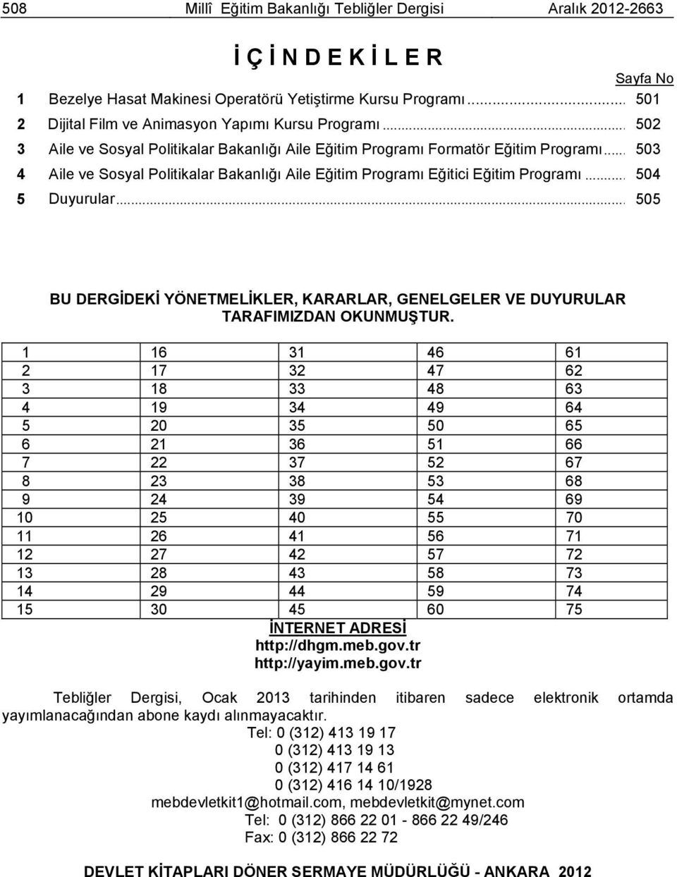 .. 503 4 Aile ve Sosyal Politikalar Bakanlığı Aile Eğitim Programı Eğitici Eğitim Programı... 504 5 Duyurular.