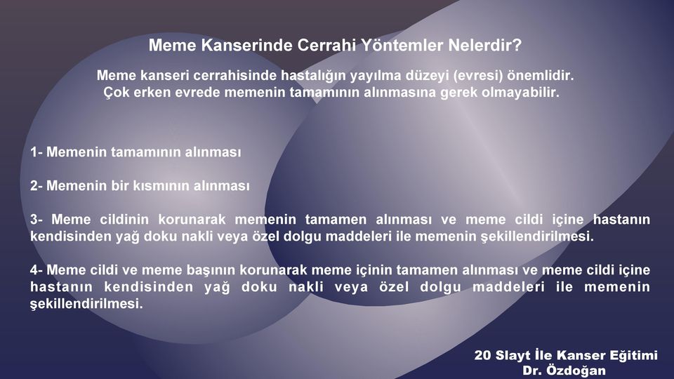 1- Memenin tamamının alınması 2- Memenin bir kısmının alınması 3- Meme cildinin korunarak memenin tamamen alınması ve meme cildi içine hastanın