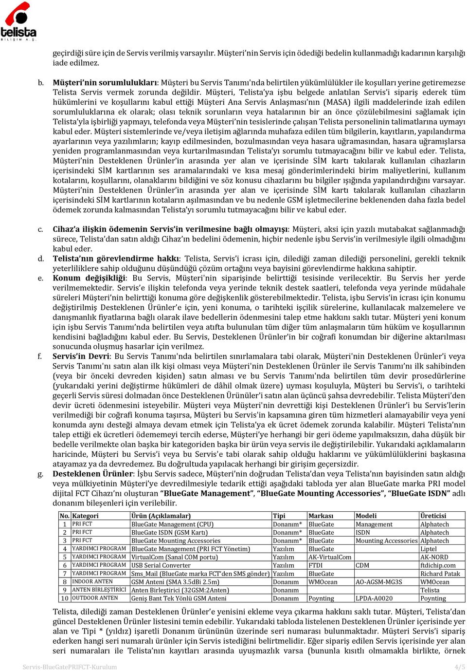 Müşteri nin sorumlulukları: Müşteri bu Servis Tanımı'nda belirtilen yükümlülükler ile koşulları yerine getiremezse Telista Servis vermek zorunda değildir.