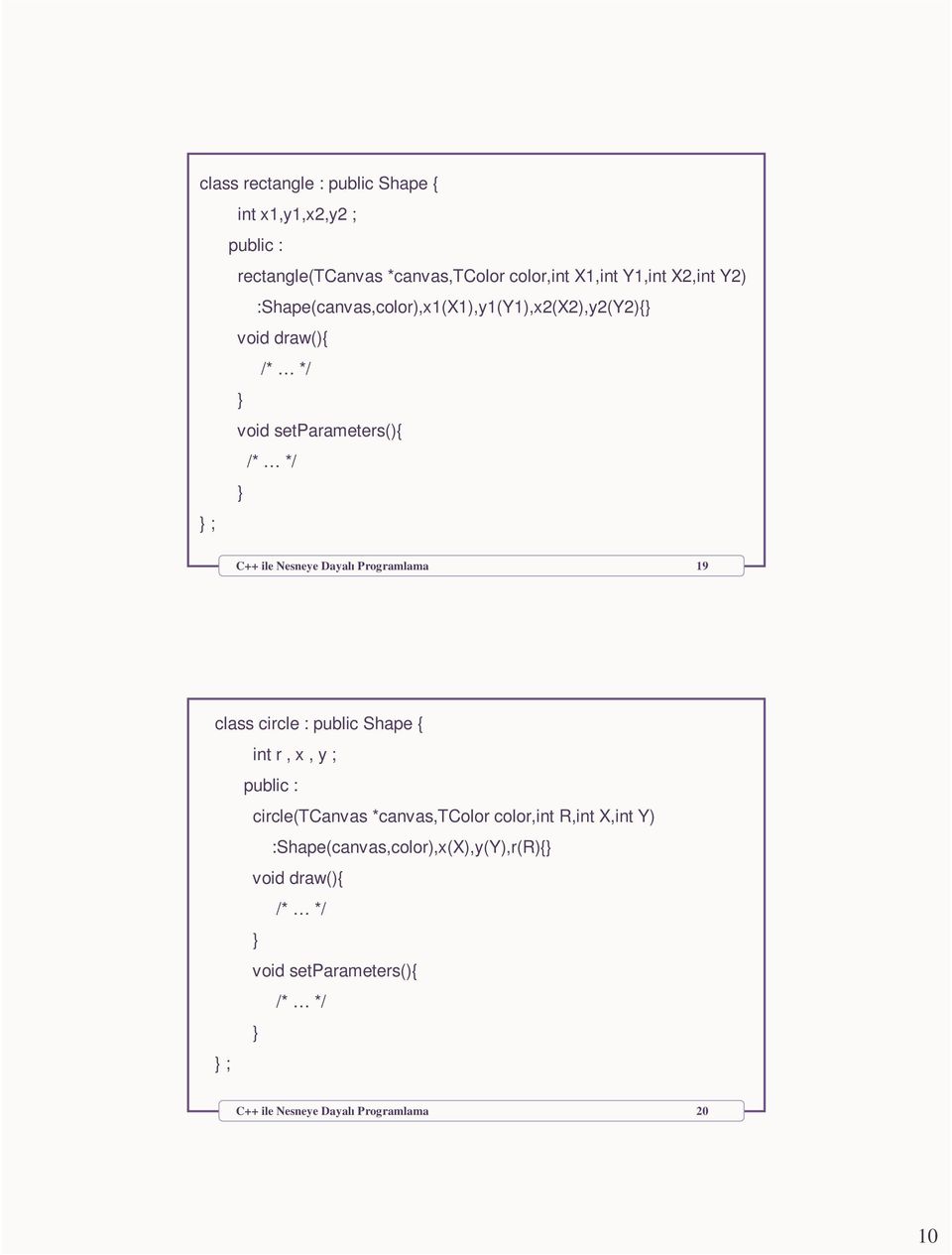 Nesneye Dayalı Programlama 19 class circle : public Shape { intr,x,y; public : circle(tcanvas *canvas,tcolor color,int