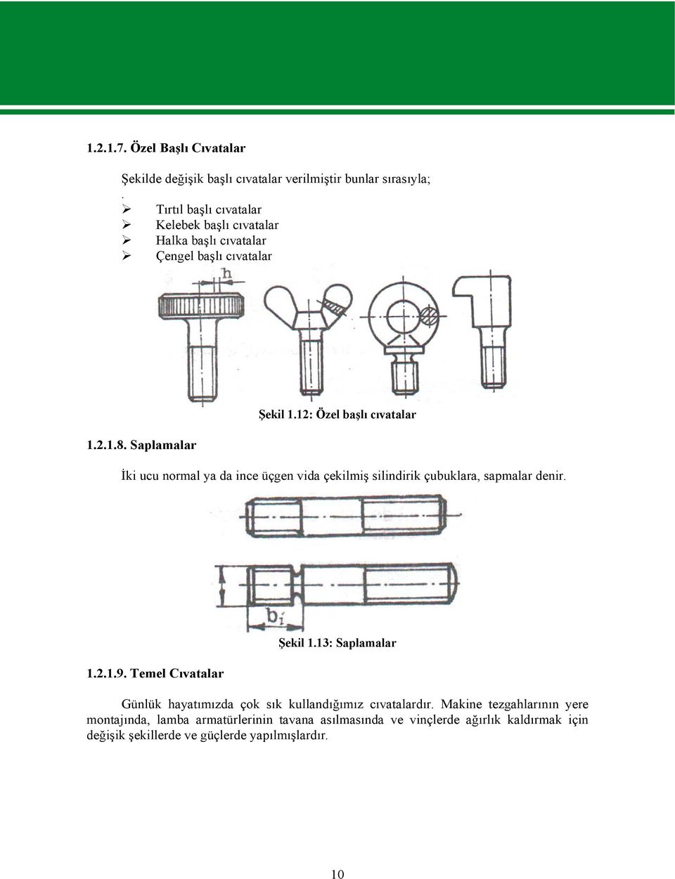 12: Özel başlı cıvatalar İki ucu normal ya da ince üçgen vida çekilmiş silindirik çubuklara, sapmalar denir. 1.2.1.9. Temel Cıvatalar Şekil 1.