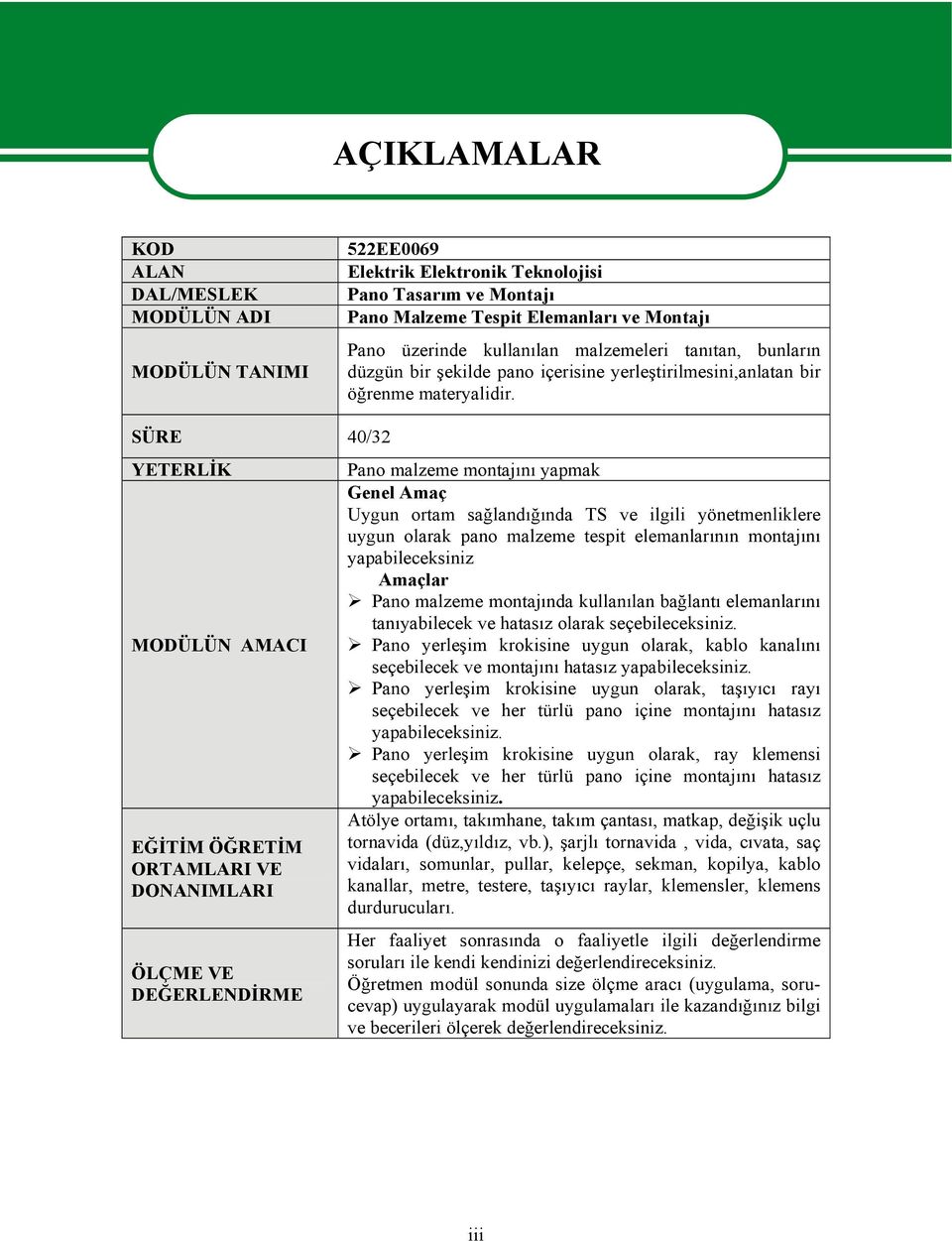 SÜRE 40/32 YETERLİK MODÜLÜN AMACI EĞİTİM ÖĞRETİM ORTAMLARI VE DONANIMLARI ÖLÇME VE DEĞERLENDİRME Pano malzeme montajını yapmak Genel Amaç Uygun ortam sağlandığında TS ve ilgili yönetmenliklere uygun