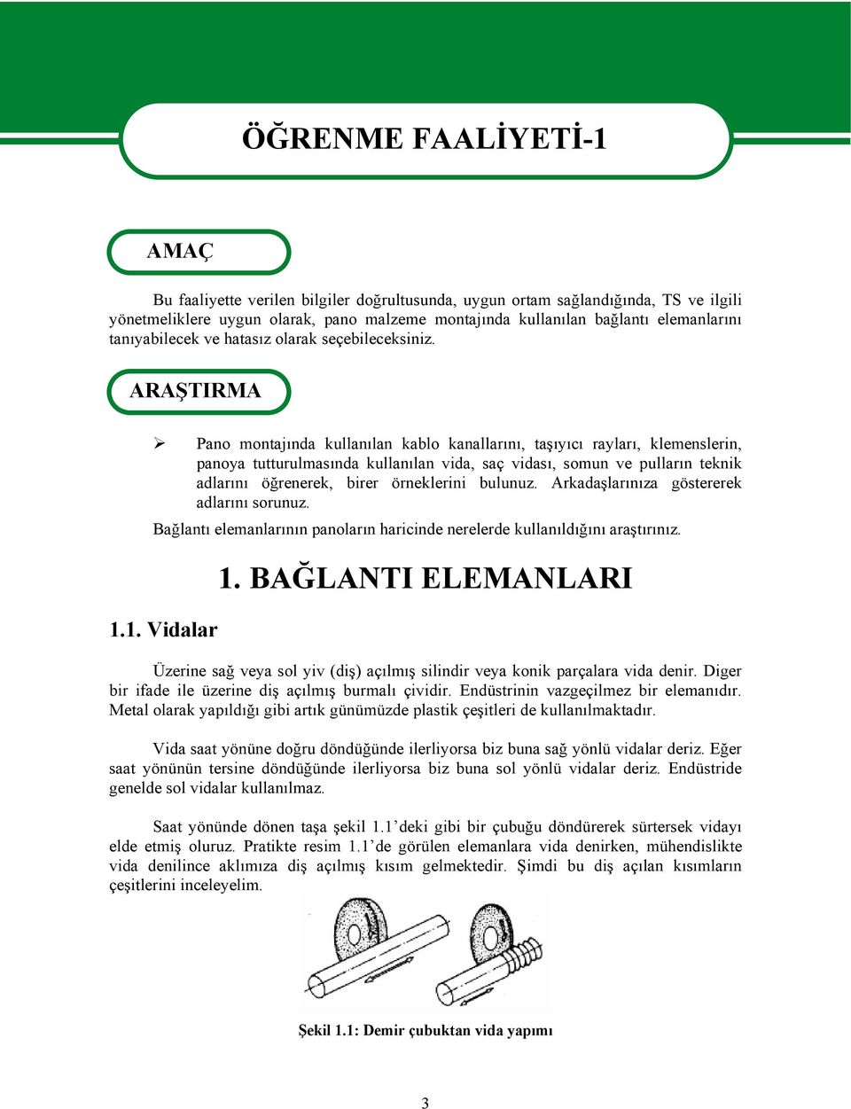 ARAŞTIRMA Pano montajında kullanılan kablo kanallarını, taşıyıcı rayları, klemenslerin, panoya tutturulmasında kullanılan vida, saç vidası, somun ve pulların teknik adlarını öğrenerek, birer