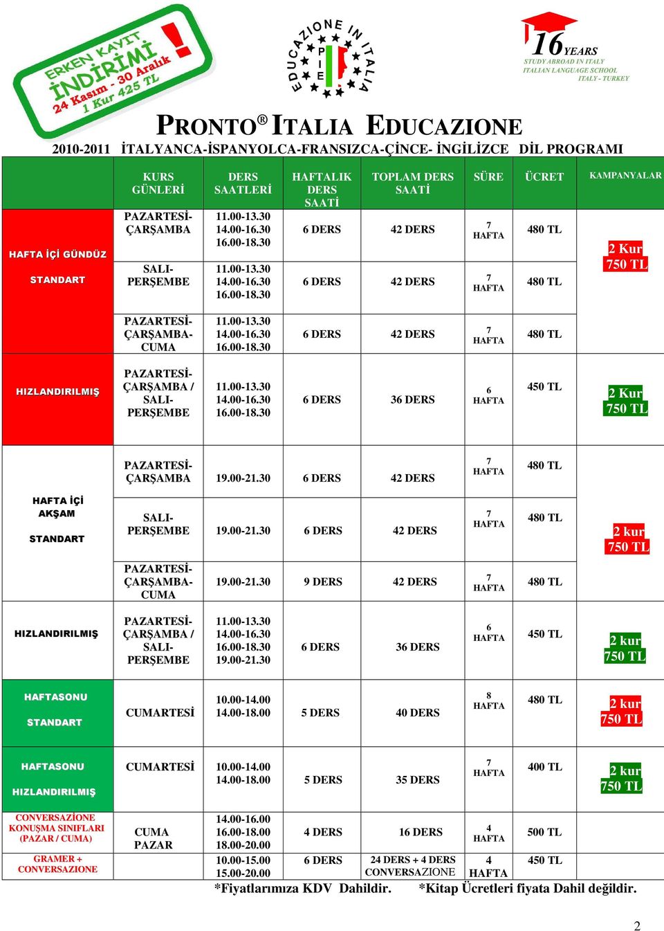 30 6 DERS 42 DERS İÇİ AKŞAM STANDART SALI- PERŞEMBE 19.00-21.30 6 DERS 42 DERS 2 kur 50 TL ÇARŞAMBA- CUMA 19.00-21.30 9 DERS 42 DERS HIZLANDIRILMIŞ ÇARŞAMBA / SALI- PERŞEMBE 19.00-21.30 6 DERS 36 DERS 6 450 TL 2 kur 50 TL SONU STANDART CUMARTESİ 10.