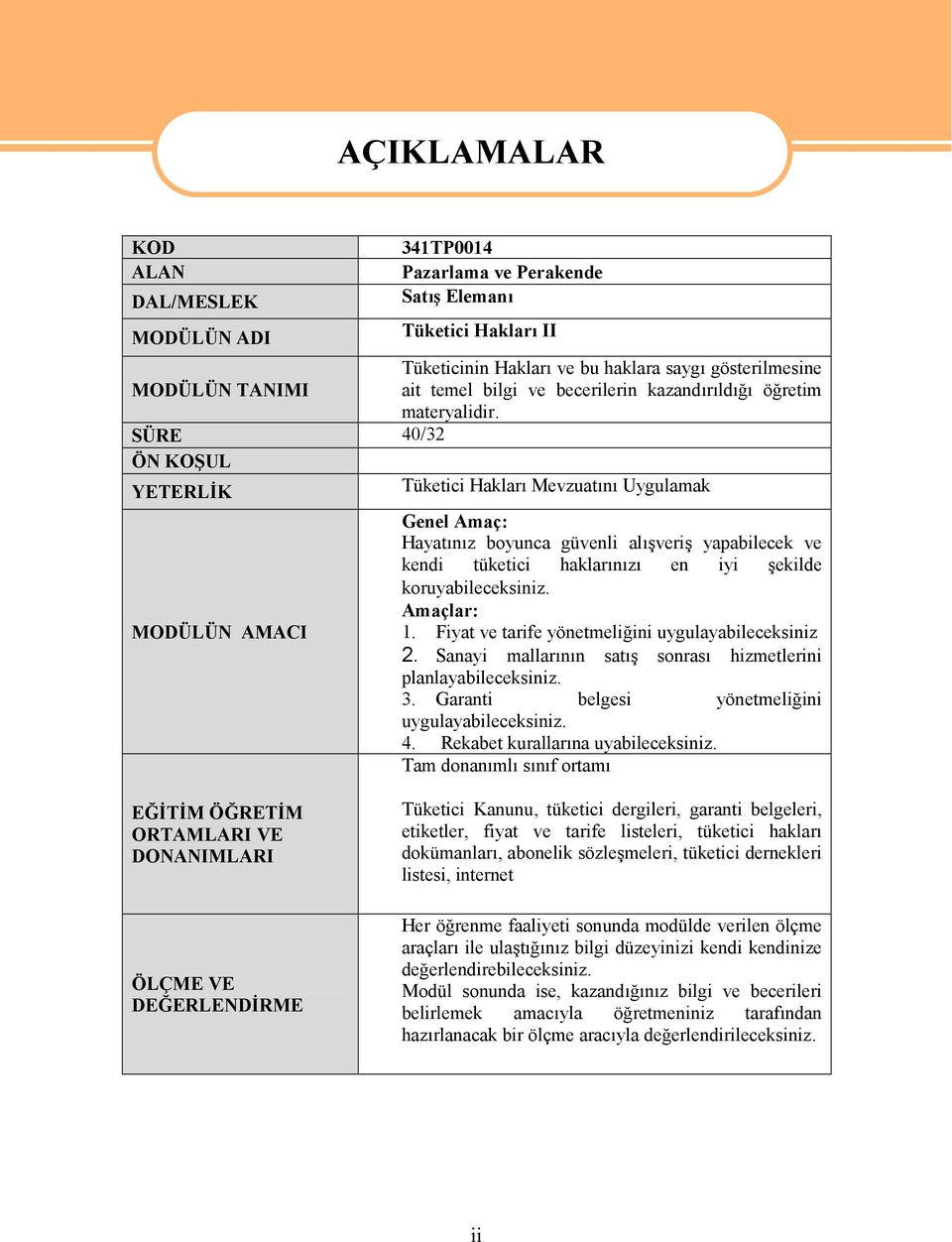 SÜRE 40/32 ÖN KOŞUL YETERLİK Tüketici Hakları Mevzuatını Uygulamak MODÜLÜN AMACI AÇIKLAMALAR Genel Amaç: Hayatınız boyunca güvenli alışveriş yapabilecek ve kendi tüketici haklarınızı en iyi şekilde