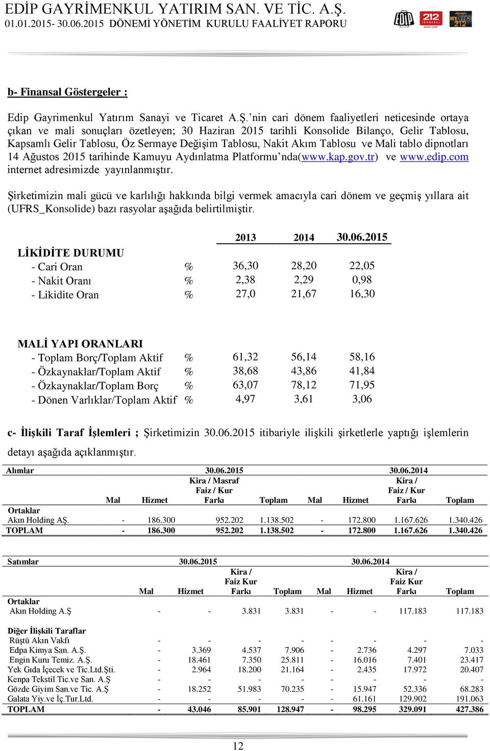 Akım Tablosu ve Mali tablo dipnotları 14 Ağustos 2015 tarihinde Kamuyu Aydınlatma Platformu nda(www.kap.gov.tr) ve www.edip.com internet adresimizde yayınlanmıştır.