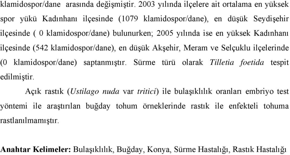 2005 yılında ise en yüksek Kadınhanı ilçesinde (542 klamidospor/dane), en düşük Akşehir, Meram ve Selçuklu ilçelerinde (0 klamidospor/dane) saptanmıştır.