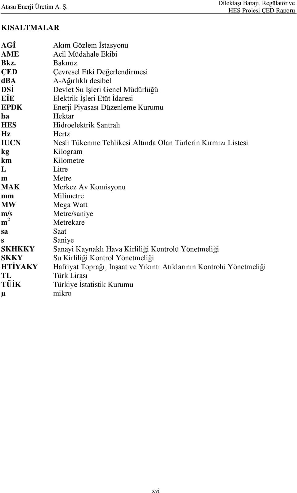 Hektar HES Hidroelektrik Santralı Hz Hertz IUCN Nesli Tükenme Tehlikesi Altında Olan Türlerin Kırmızı Listesi kg Kilogram km Kilometre L Litre m Metre MAK Merkez Av Komisyonu mm