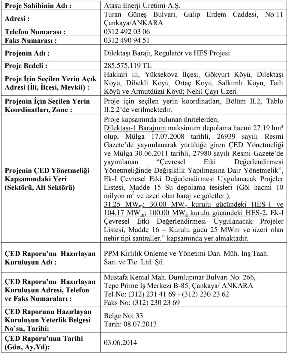 Adresi (İli, İlçesi, Mevkii) : Projenin İçin Seçilen Yerin Koordinatları, Zone : Projenin ÇED Yönetmeliği Kapsamındaki Yeri (Sektörü, Alt Sektörü) Dilektaşı Barajı, Regülatör ve HES Projesi 285.575.