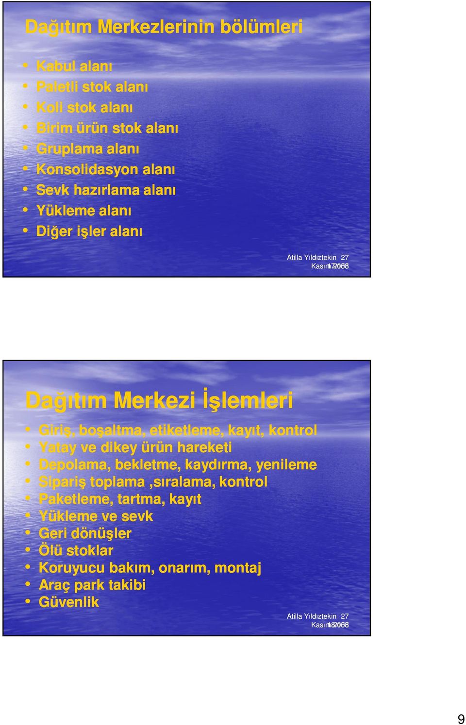 boşaltma, etiketleme, kayıt, kontrol Yatay ve dikey ürün hareketi Depolama, bekletme, kaydırma, yenileme Sipariş